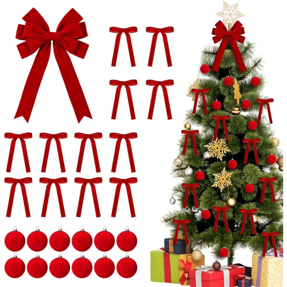 Red Velvet Christmas Ornaments and Bows Set NEW